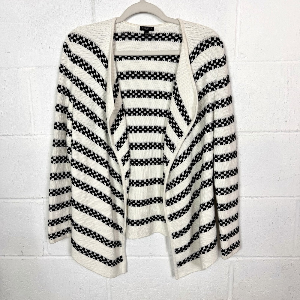 Talbots Textured Stripe Open Cardigan Black White Preppy Classic Spring Office S